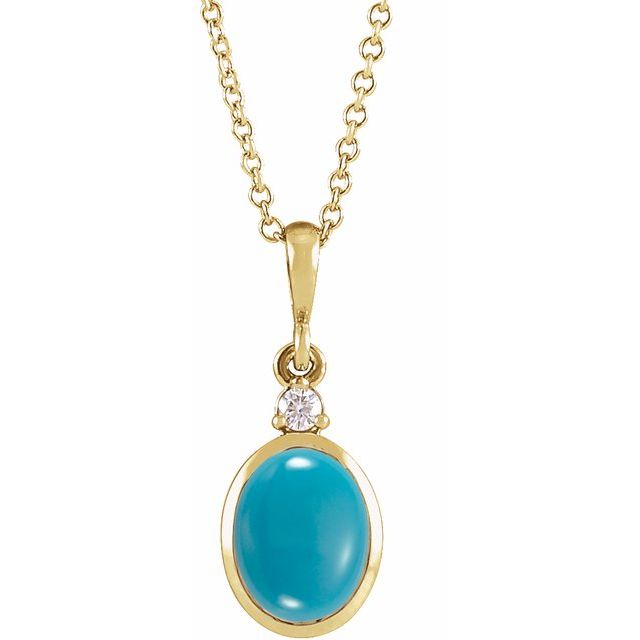 14K Yellow Gold 6x4 mm Natural Turquoise & .015 CT Natural Diamond Necklace