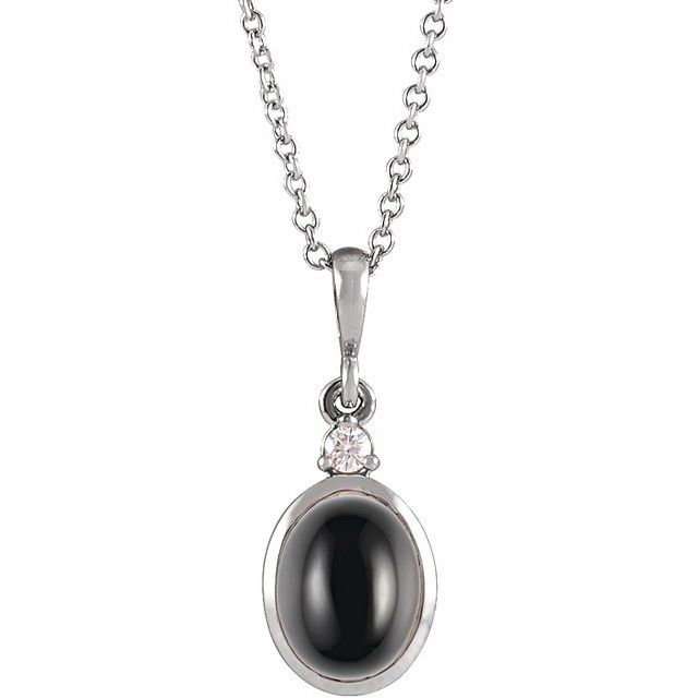 14K White Gold 6x4 mm Natural Black Onyx & .015 CT Natural Diamond Necklace