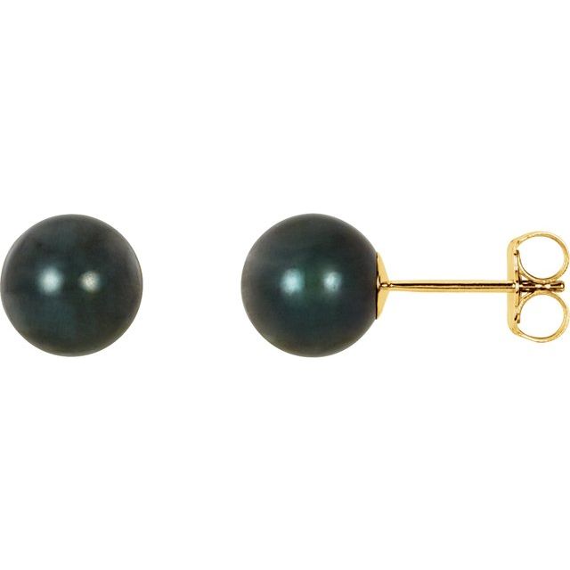 14K Yellow Gold 7 mm Cultured Black Akoya Pearl Earrings