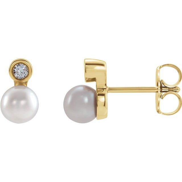 14K Yellow Gold Cultured White Akoya Pearl & .03 CTW Natural Diamond Earrings