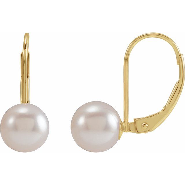 14K Yellow Gold Cultured White Akoya Pearl Lever Back Earrings — 16.2 × 7 mm
