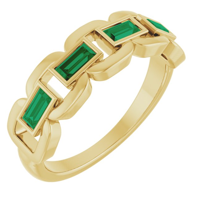 14K Yellow Gold Lab-Grown Emerald Chain Link Ring