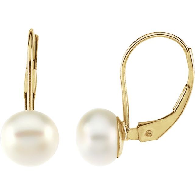 14K Yellow Gold Cultured White Freshwater Pearl Lever Back Earrings — 17.2 × 7.5 mm
