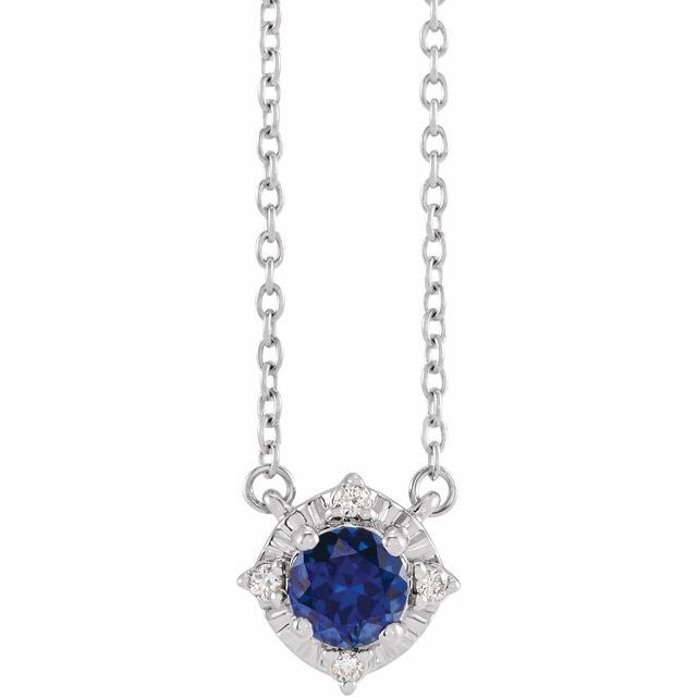 Sterling Silver Lab-Grown Blue Sapphire & .04 CTW Natural Diamond Halo-Style Necklace