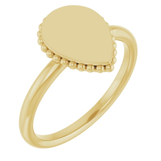 14K Yellow Gold Teardrop Beaded Signet Ring