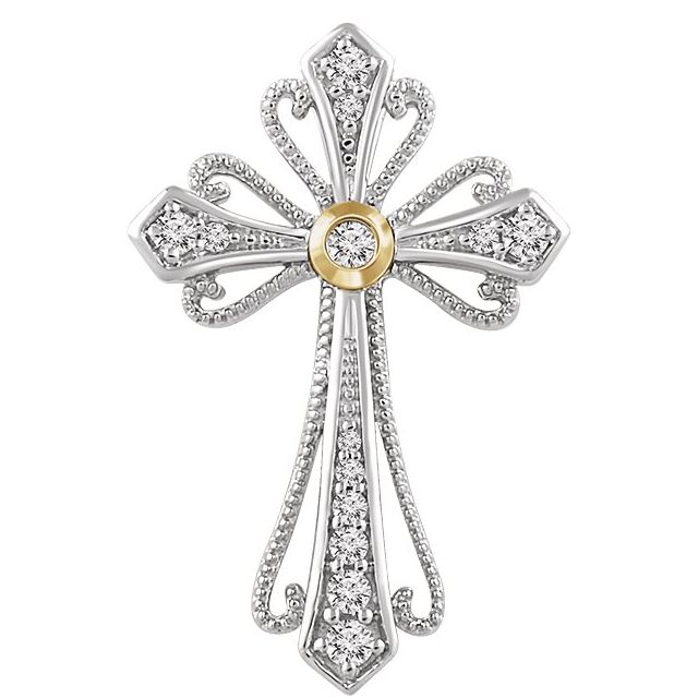 14K White/Yellow Gold Two-Tone Beaded Diamond Cross Pendant