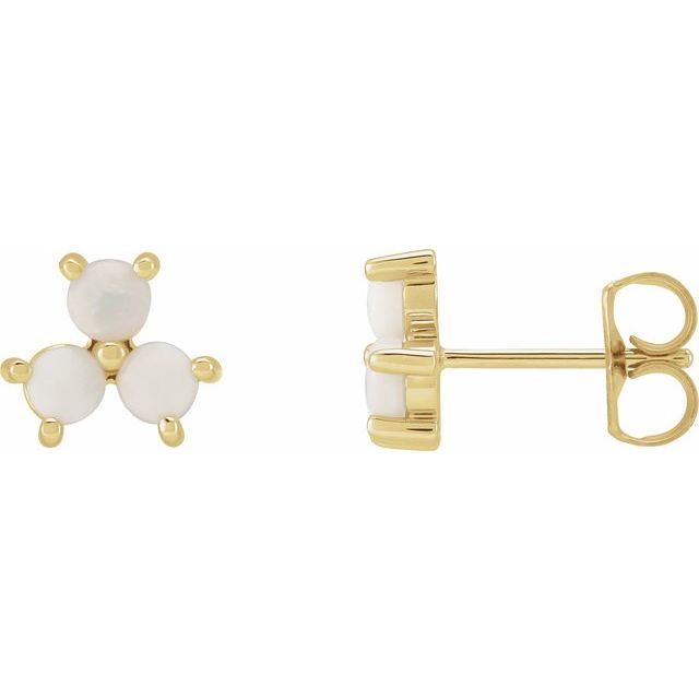 14K Yellow Gold White Opal Three-Stone Cabochon Earrings — 8.36 × 7.37 mm