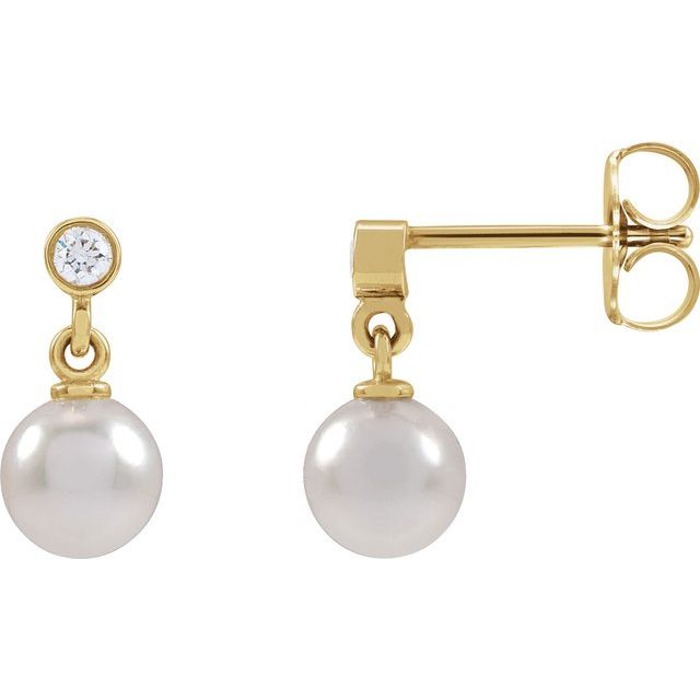 14K Yellow Gold Cultured White Akoya Pearl & .06 CTW Natural Diamond Earrings — 10.5 × 5 mm