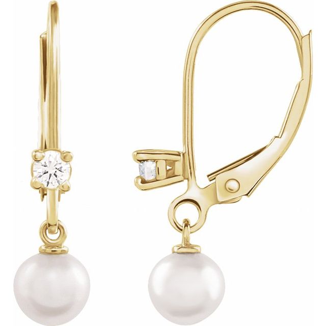 14K Yellow Gold Cultured White Akoya Pearl & 1/8 CTW Natural Diamond Earrings