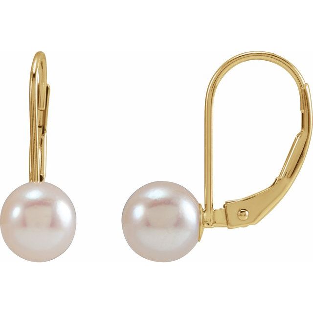 14K Yellow Gold Cultured White Akoya Pearl Lever Back Earrings — 16.2 × 6 mm
