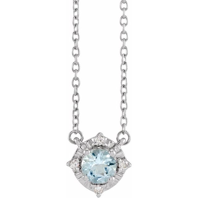 Sterling Silver Natural Aquamarine & .04 CTW Natural Diamond Halo-Style Necklace