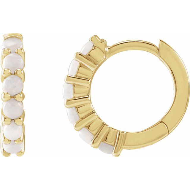 14K Yellow Gold Natural White Opal Cabochon Hinged 12.2 mm Hoop Earrings