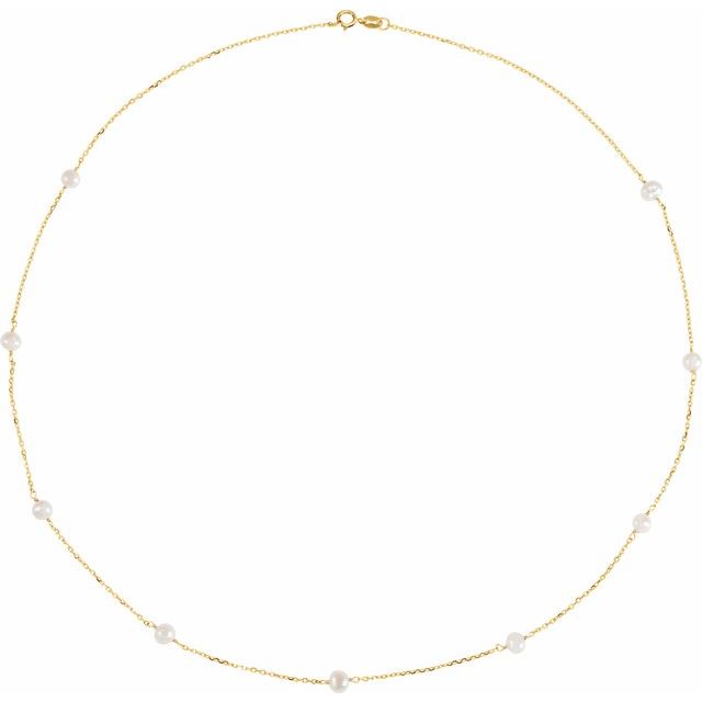 14K Yellow Gold Cultured White Pearl Station Necklace