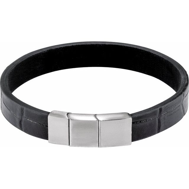 Stainless Steel and Black Leather Stainless Steel 11 mm Black Leather 8" Bracelet