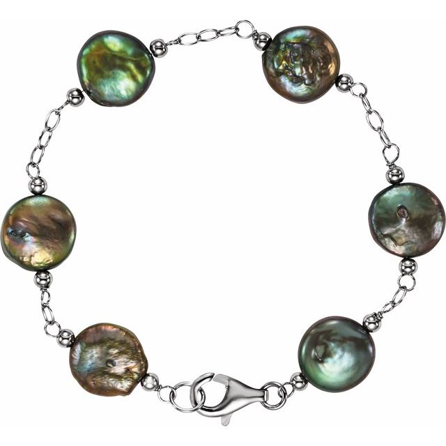 Sterling Silver Cultured Black Coin Pearl Station Bracelet