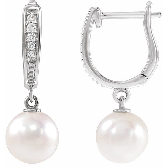 14K White Gold Cultured White Akoya Pearl & .03 CTW Natural Diamond Earrings
